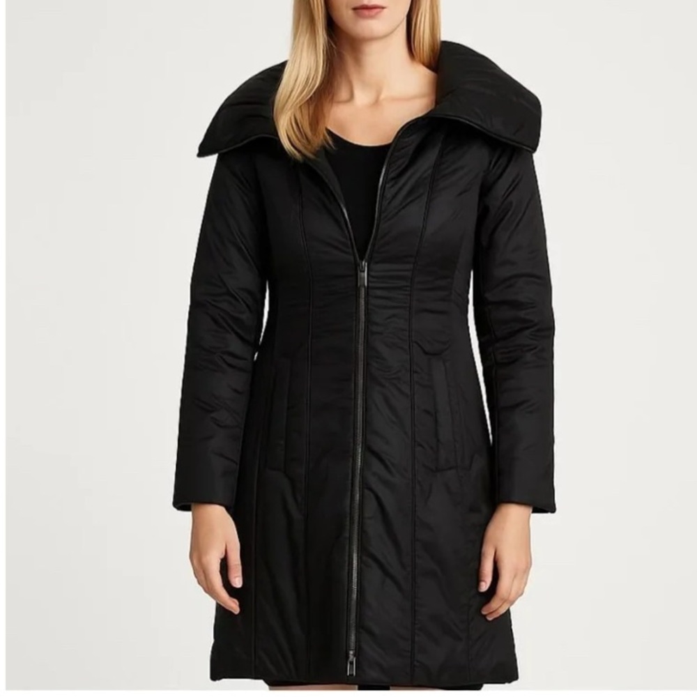 Vince Black Wide Collar Long Line Full Zip-Up Lightweight Puffer Jacket Coat